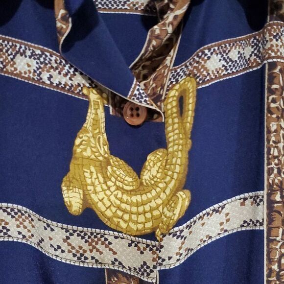 Vintage Carlisle 100% Silk Navy and Gold Alligator Patterned Shirt Size 10 - Picture 3 of 11